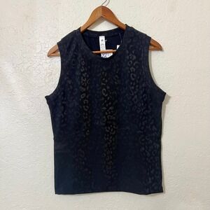 In Good State Womens Black Ribbed Leopard Print Tank Top Sleeveless Athletic